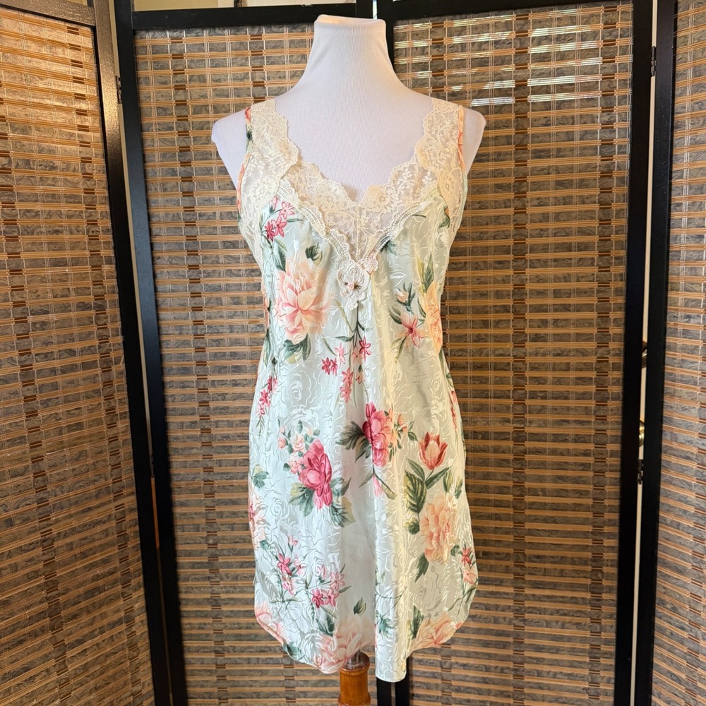 California Dynasty Nightgown Women Medium Green Floral Lace Vintage Chemise